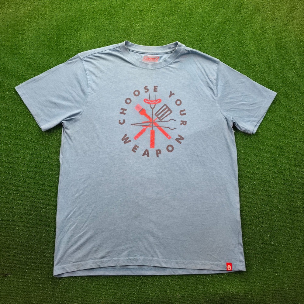 Coleman BBQ Grilling Tshirt Mens Large Heather Blue Choose Your Weapon Tee